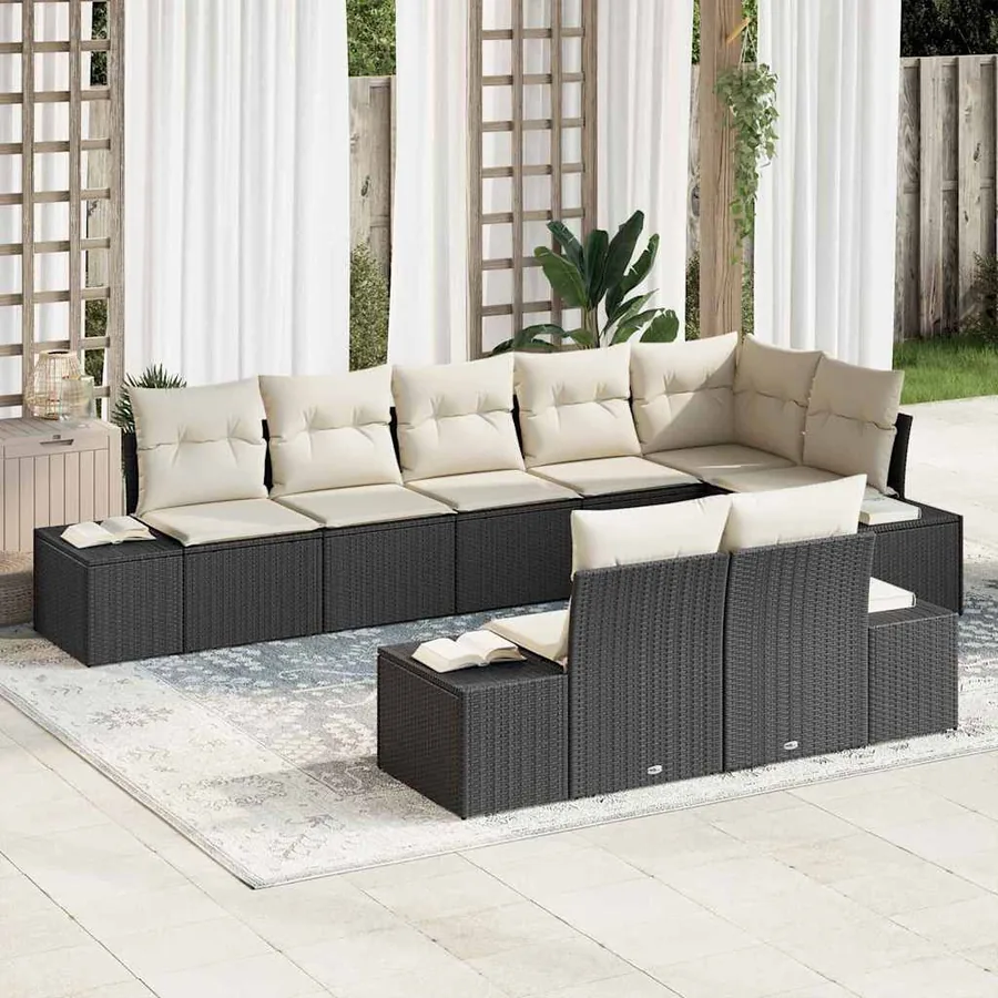 Ensemble de canapé de jardin 8 pcs Noir et Crème Poly rotin