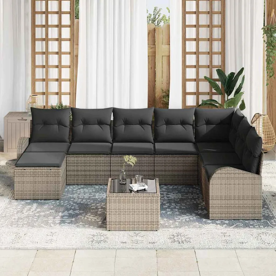 Ensemble de canapé de jardin avec coussin 9 pcs Gris Poly rotin - 3