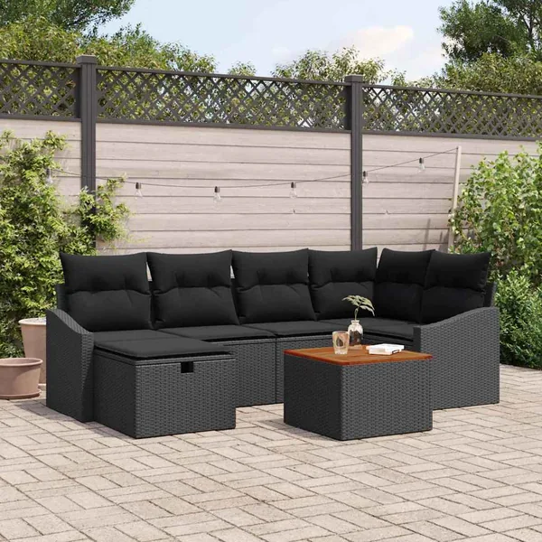 Ensemble de canapé de jardin avec coussin 7 pcs Noir Poly rotin