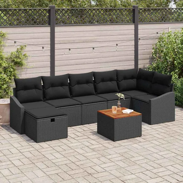 Ensemble de canapé de jardin avec coussin 8 pcs Noir Poly rotin