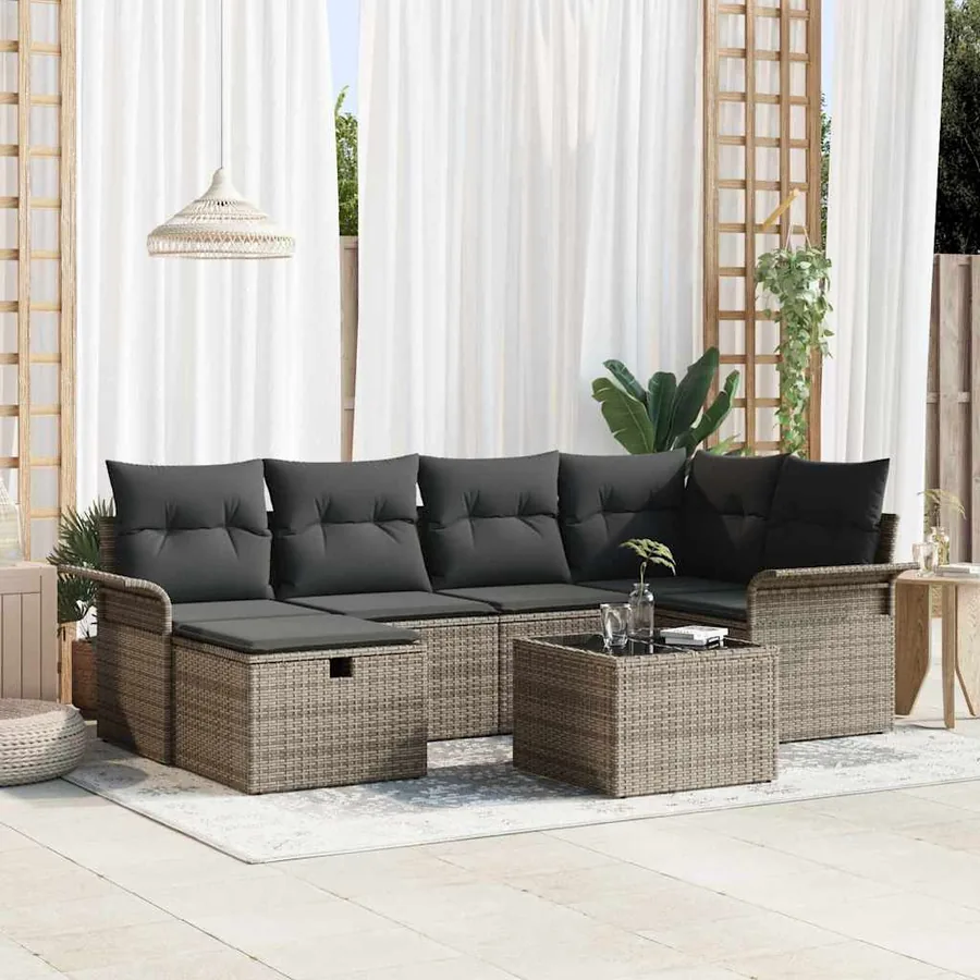 Ensemble de canapé de jardin avec coussin 7 pcs Gris polyrotin