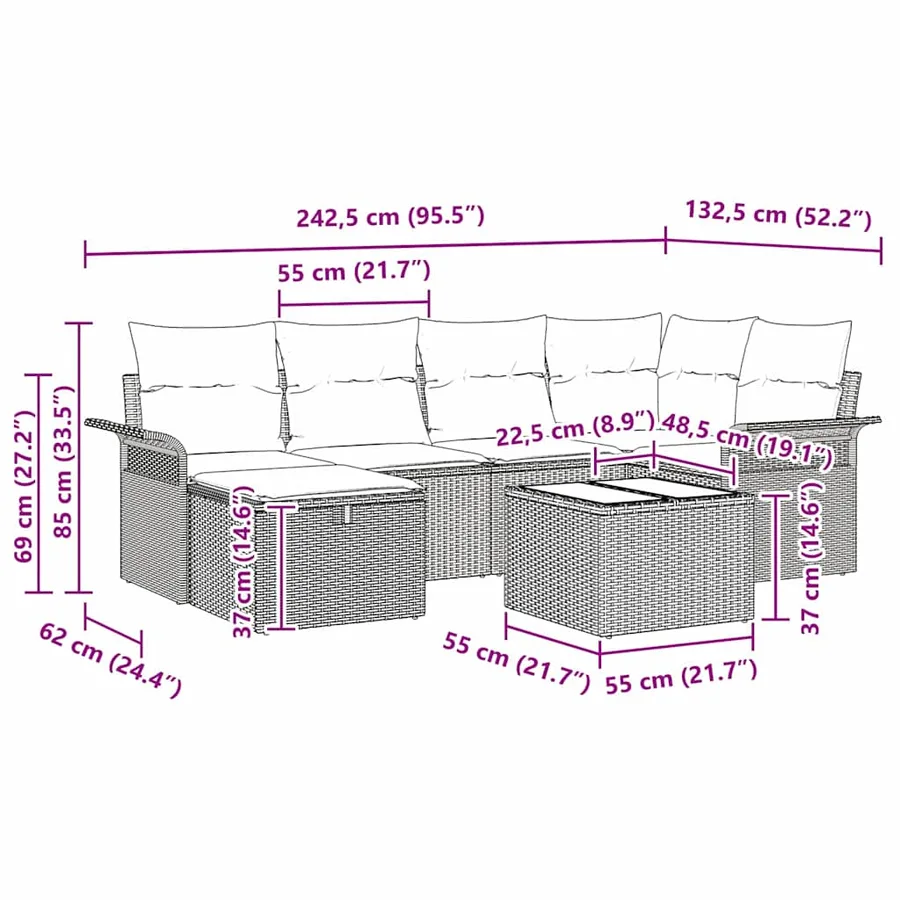 Ensemble de canapé de jardin avec coussin 7 pcs Gris polyrotin - 11