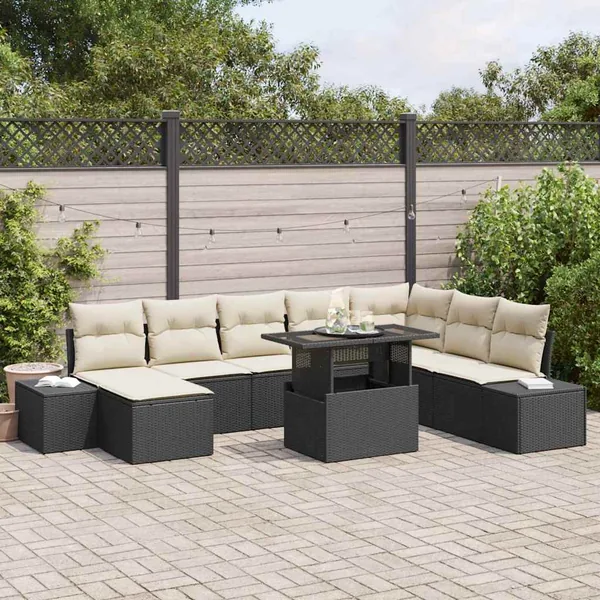 Ensemble de canapé de jardin 9 pcs Noir et Crème polyrotin