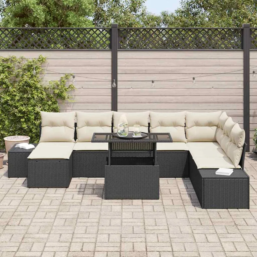Ensemble de canapé de jardin 9 pcs Noir et Crème polyrotin - 3