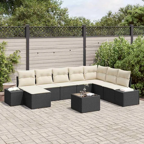 Ensemble de canapé de jardin avec coussin 9 pcs Noir polyrotin
