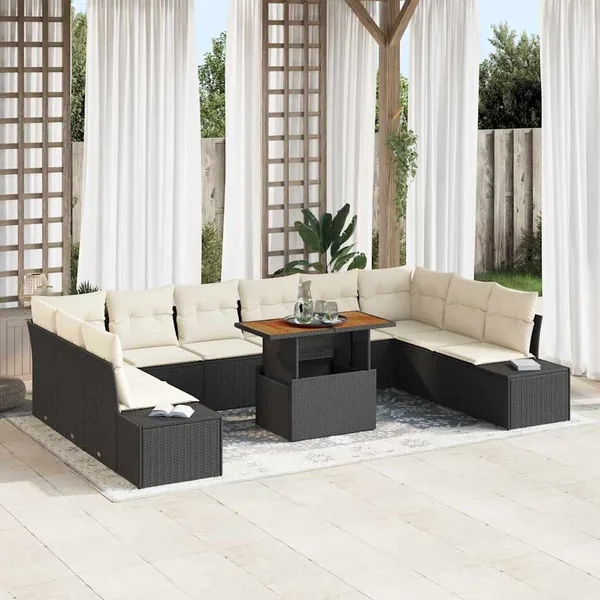 Ensemble de canapé de jardin avec coussin 11 pcs Noir et Crème