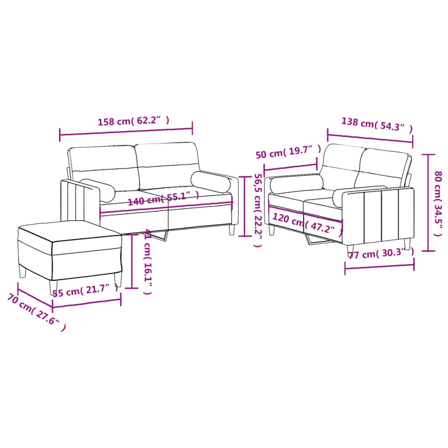 Ensemble de canapés 3 pcs avec coussins noir tissu - 11