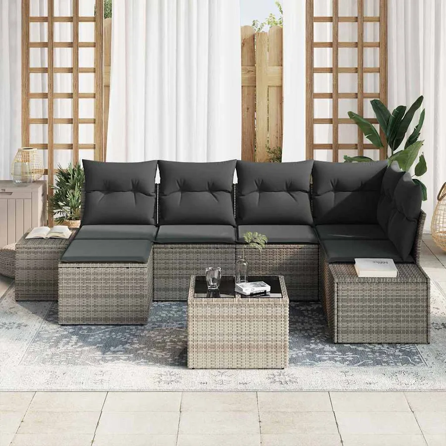 Ensemble de canapé de jardin avec coussin 7 pcs Gris polyrotin - 3