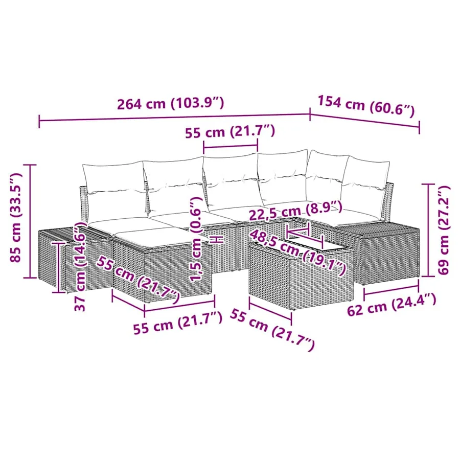 Ensemble de canapé de jardin avec coussin 7 pcs Gris polyrotin - 8