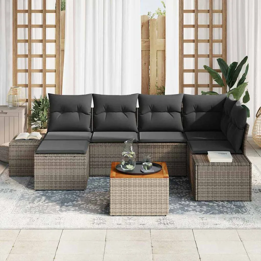 Ensemble de canapé de jardin avec coussin 7 pcs Gris polyrotin - 3