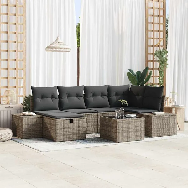 Ensemble de canapé de jardin avec coussin 7 pcs Gris polyrotin