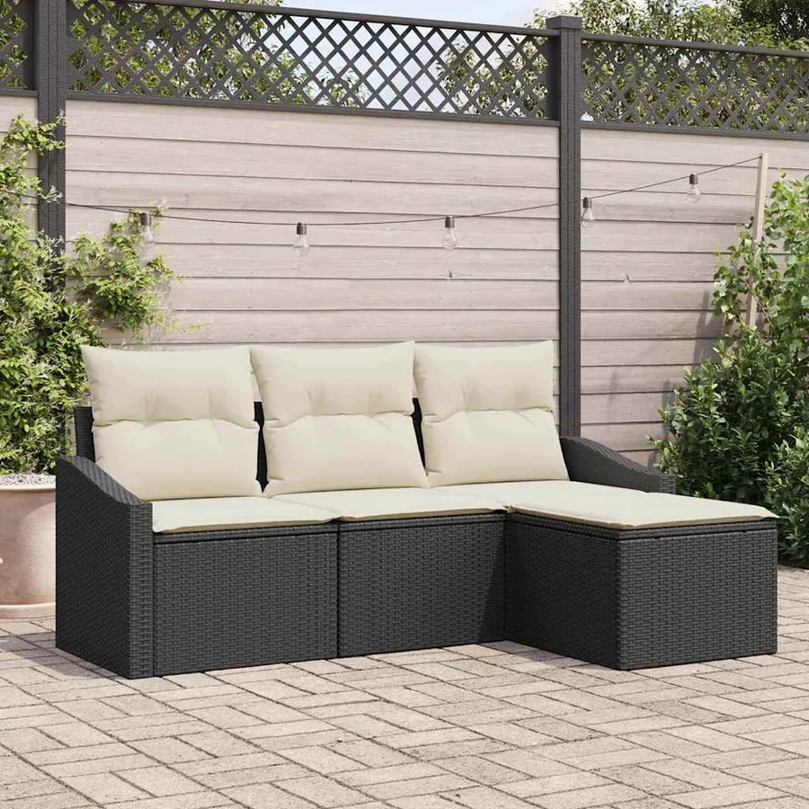 Ensemble de Canapés avec coussin 4 pcs Noir et Crème polyrotin