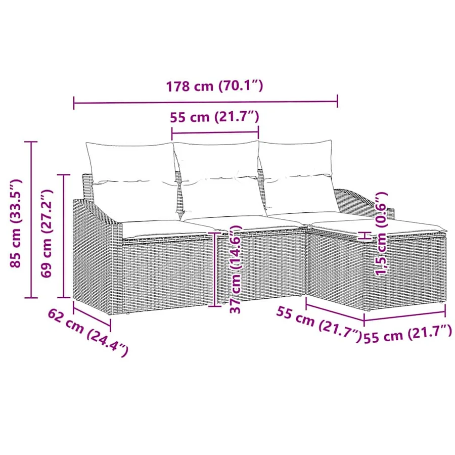 Ensemble de Canapés avec coussin 4 pcs Noir et Crème polyrotin - 12