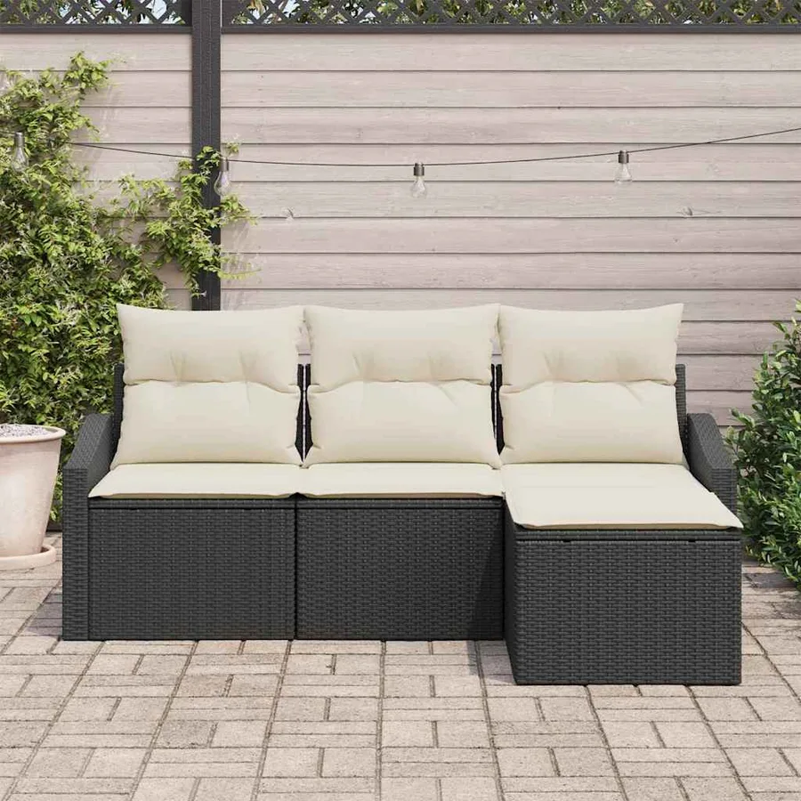Ensemble de Canapés avec coussin 4 pcs Noir et Crème polyrotin - 3