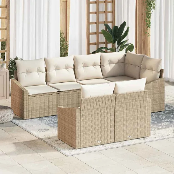 Ensemble de canapé de jardin 7 pcs Beige et blanc polyrotin