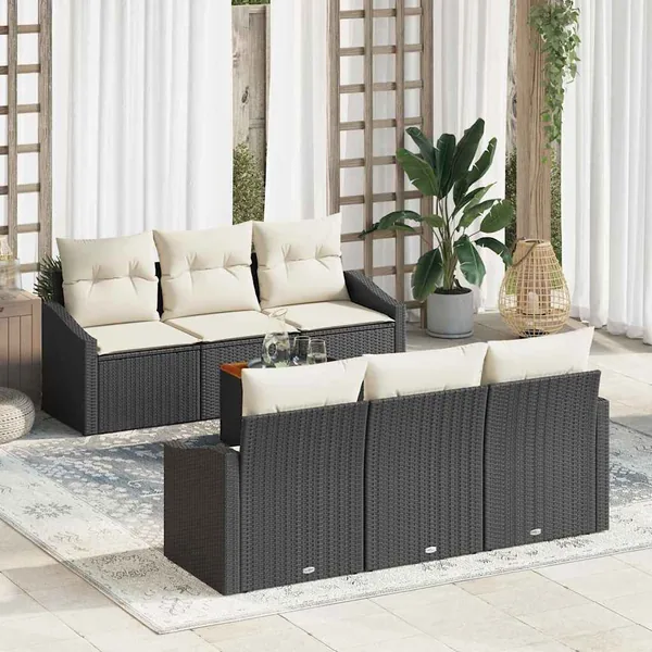 Ensemble de canapé de jardin 7 pcs Noir et Crème polyrotin