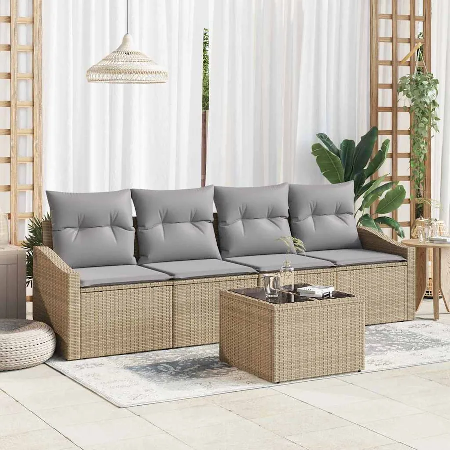 Ensemble de Canapés avec coussin 5 pcs Beige et gris polyrotin
