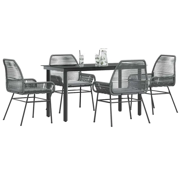 Ensemble à manger jardin coussins 5 pcs gris poly rotin verre