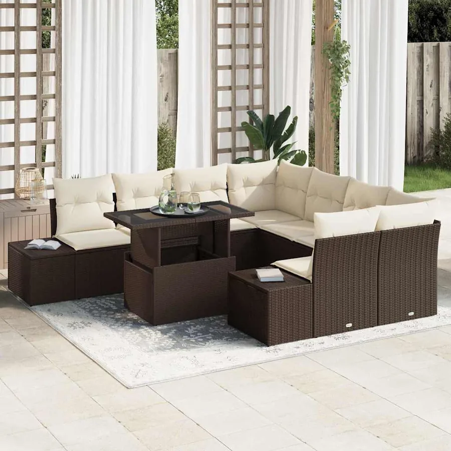 Ensemble de canapé de jardin 9 pcs Marron et Crème polyrotin