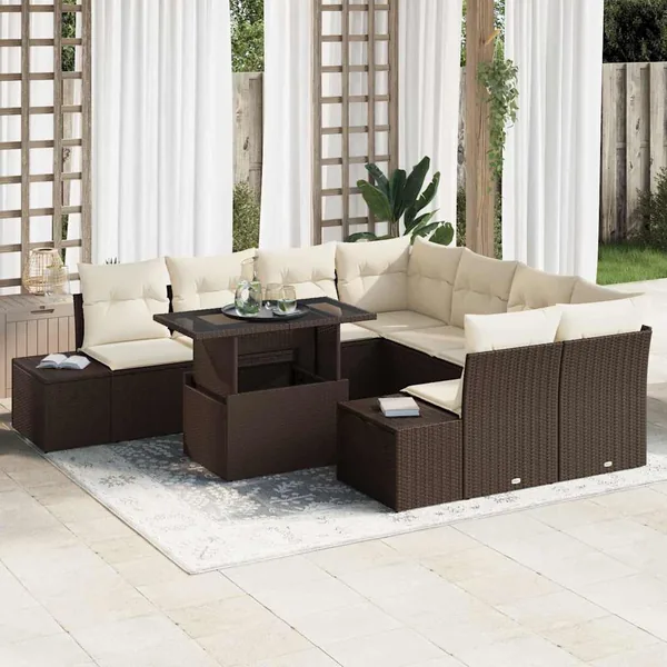Ensemble de canapé de jardin 9 pcs Marron et Crème polyrotin