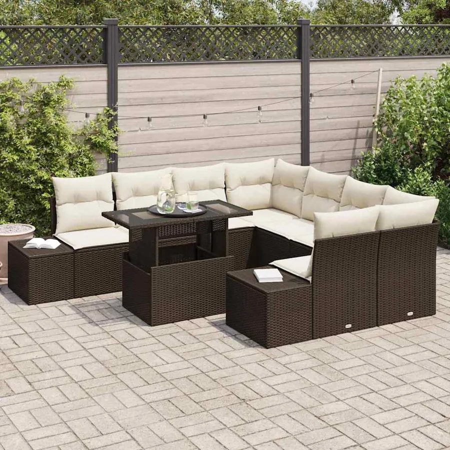 Ensemble de canapé de jardin 9 pcs Marron et Crème polyrotin - 3