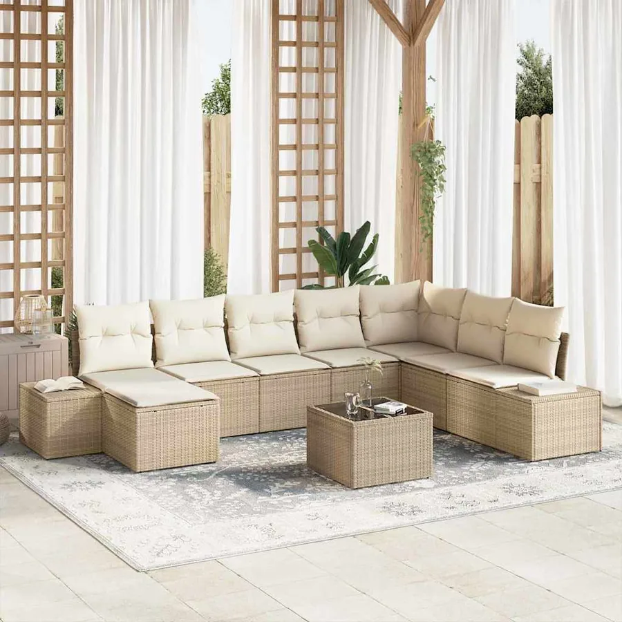 Ensemble de canapé de jardin avec coussin 9 pcs Beige polyrotin