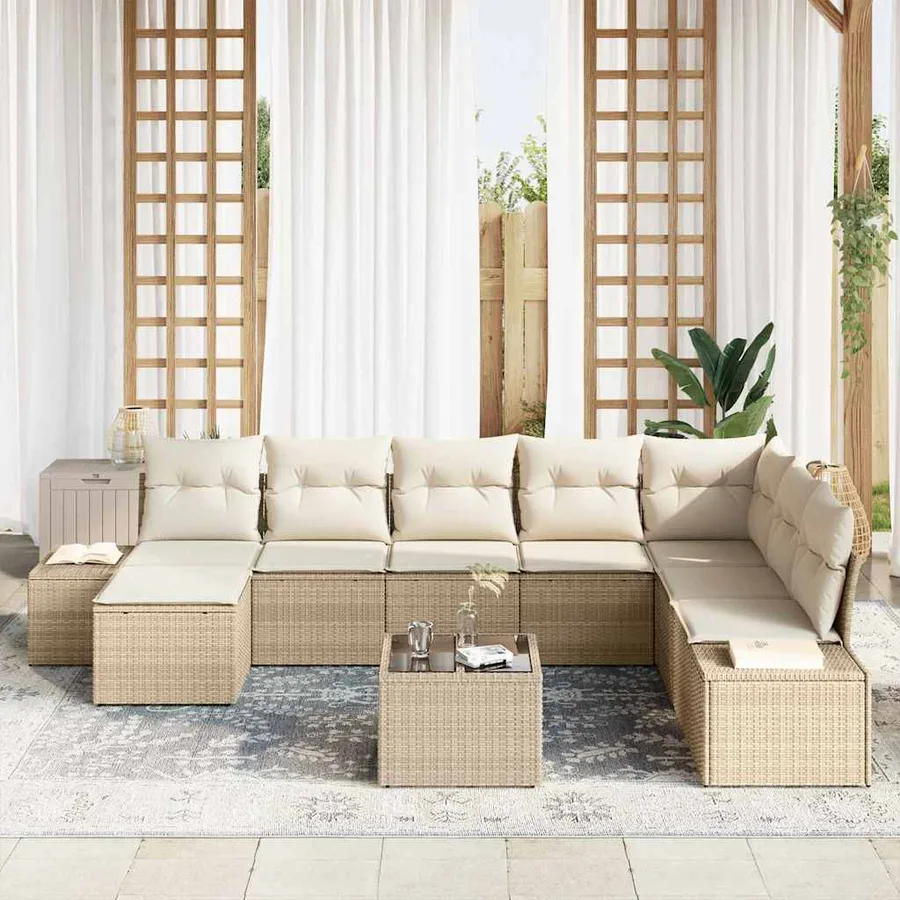 Ensemble de canapé de jardin avec coussin 9 pcs Beige polyrotin - 3