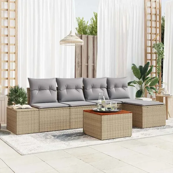 Ensemble de canapé de jardin avec coussin 6 pcs Beige polyrotin
