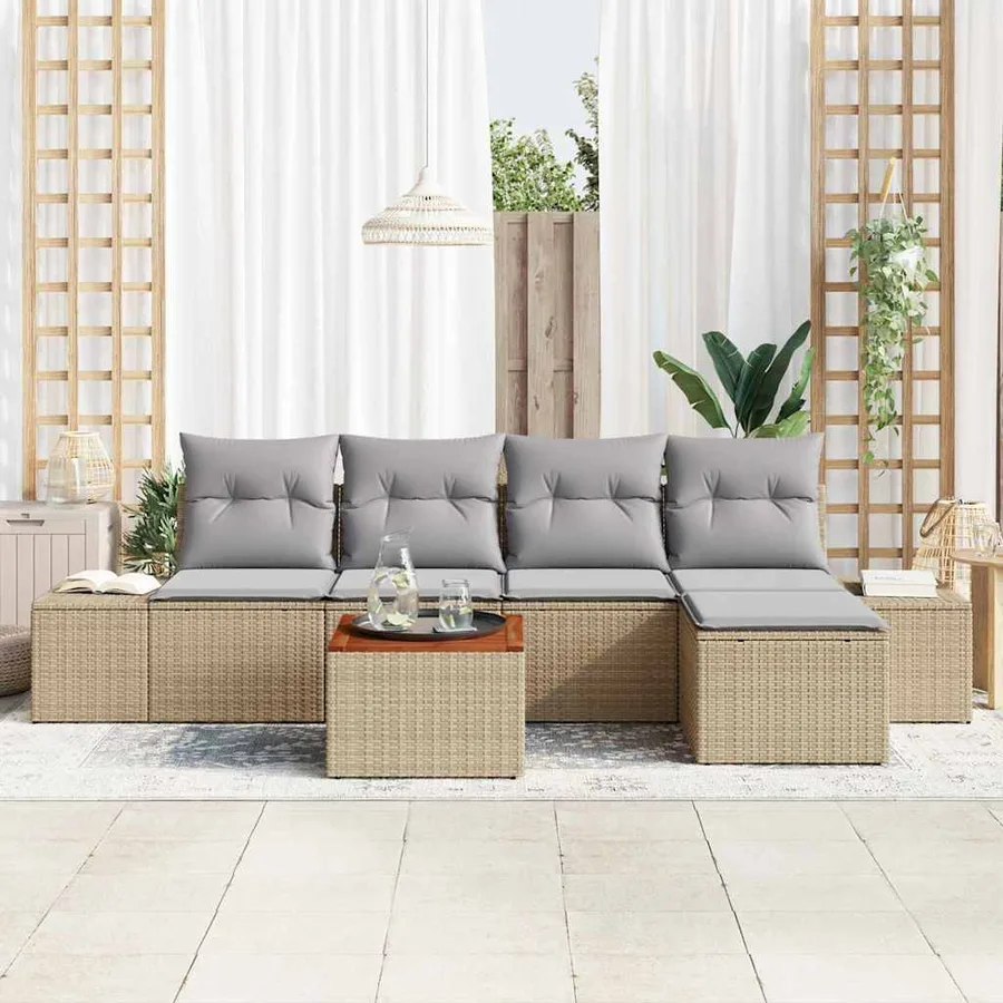 Ensemble de canapé de jardin avec coussin 6 pcs Beige polyrotin - 3