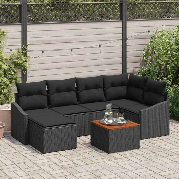 Ensemble de canapé de jardin avec coussin 7 pcs Noir polyrotin