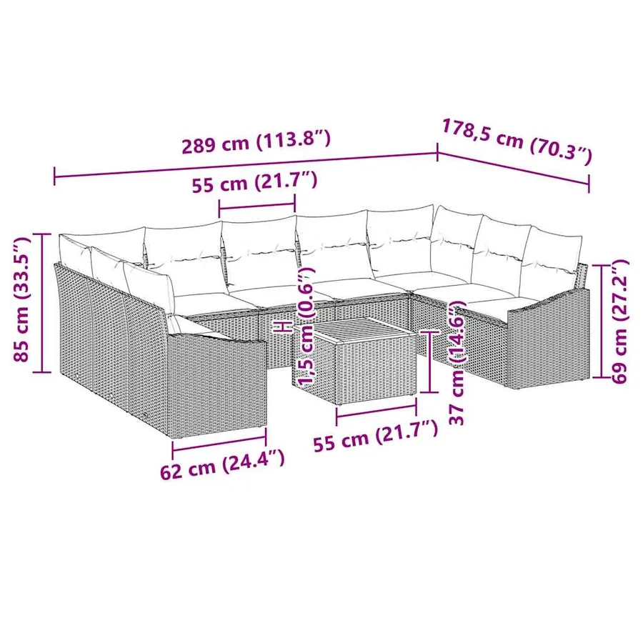 Ensemble de canapé de jardin avec coussin 10 pcs Noir polyrotin - 9