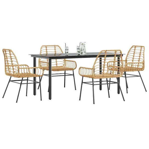 Ensemble à manger jardin 5pcs marron poly rotin verre