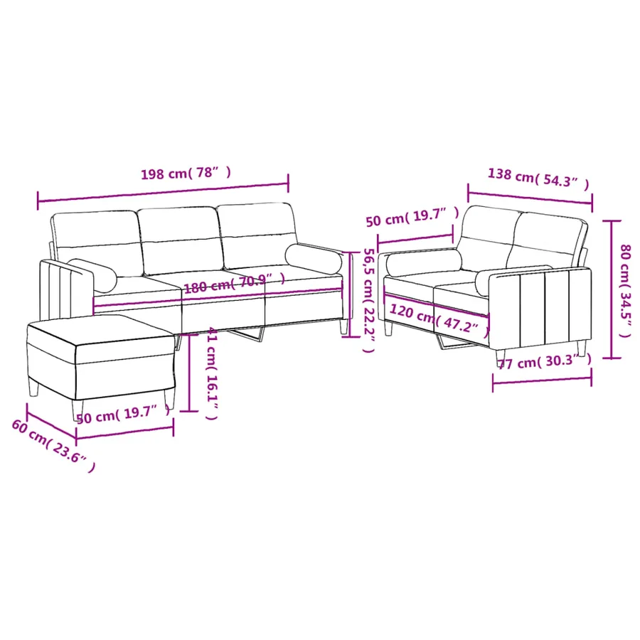 Ensemble de canapés 3 pcs avec coussins marron tissu - 11