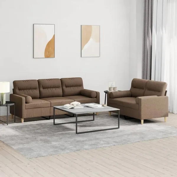 Ensemble de canapés 2 pcs avec coussins marron tissu
