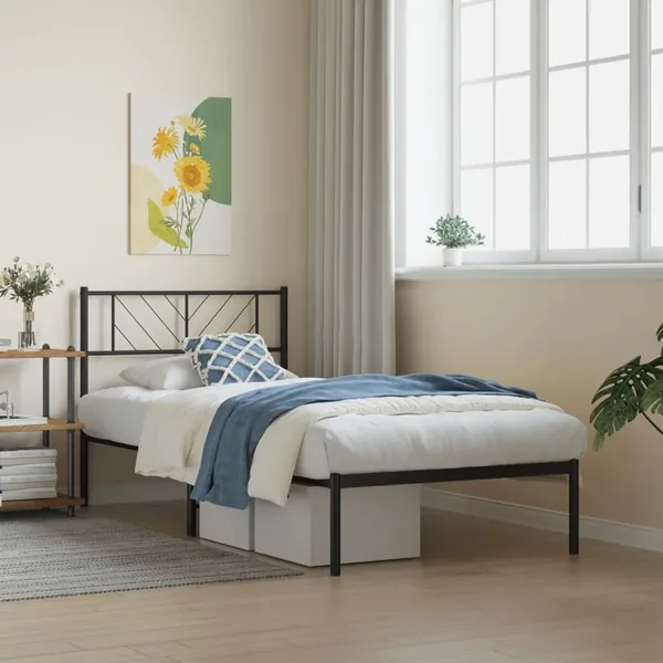 Cadre de lit métal sans matelas avec tête de lit noir 90x190 cm