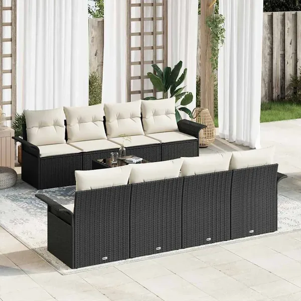 Ensemble de canapé de jardin 9 pcs Noir et Crème polyrotin