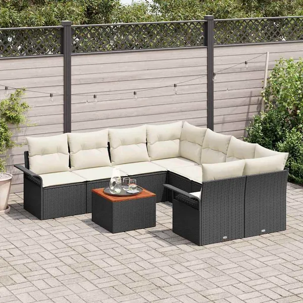 Ensemble de canapé de jardin 9 pcs Noir et Crème polyrotin