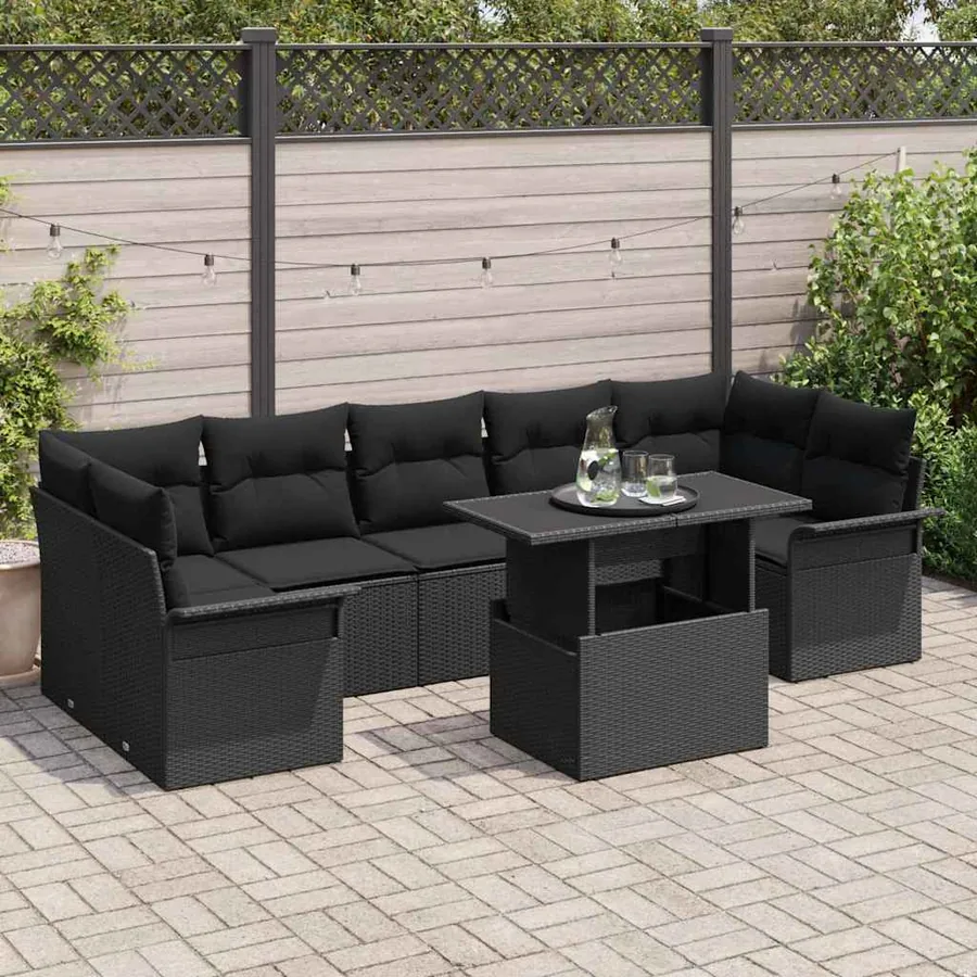 Ensemble de canapé de jardin avec coussin 8 pcs Noir Poly rotin