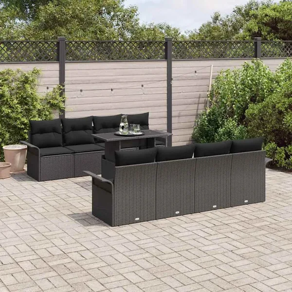 Ensemble de canapé de jardin avec coussin 9 pcs Noir polyrotin