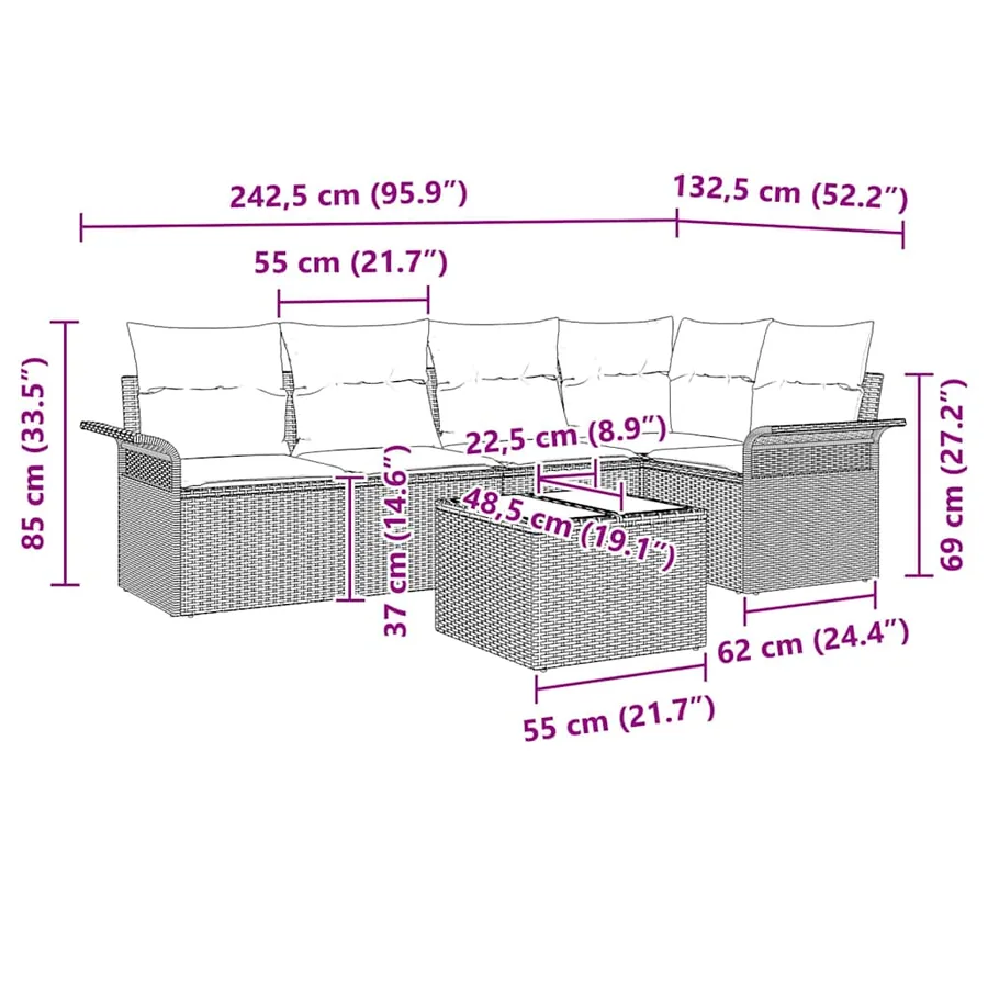 Ensemble de canapé de jardin avec coussin 6 pcs Noir Poly rotin - 17