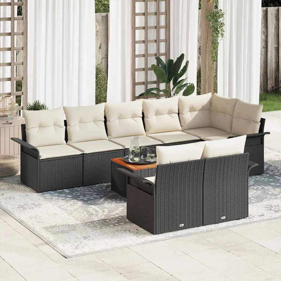 Ensemble de canapé de jardin 9 pcs Noir et Crème polyrotin