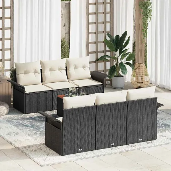 Ensemble de canapé de jardin 7 pcs Noir et Crème polyrotin