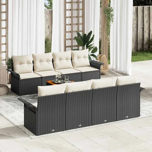 Ensemble de canapé de jardin 9 pcs Noir et Crème polyrotin