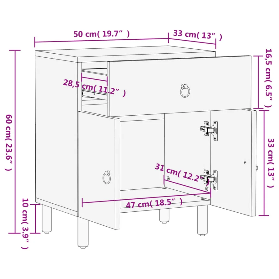 Table de chevet 50x33x60 cm bois de manguier massif - 12