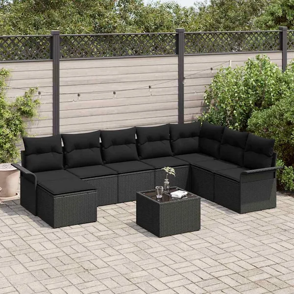 Ensemble de canapé de jardin avec coussin 9 pcs Noir polyrotin