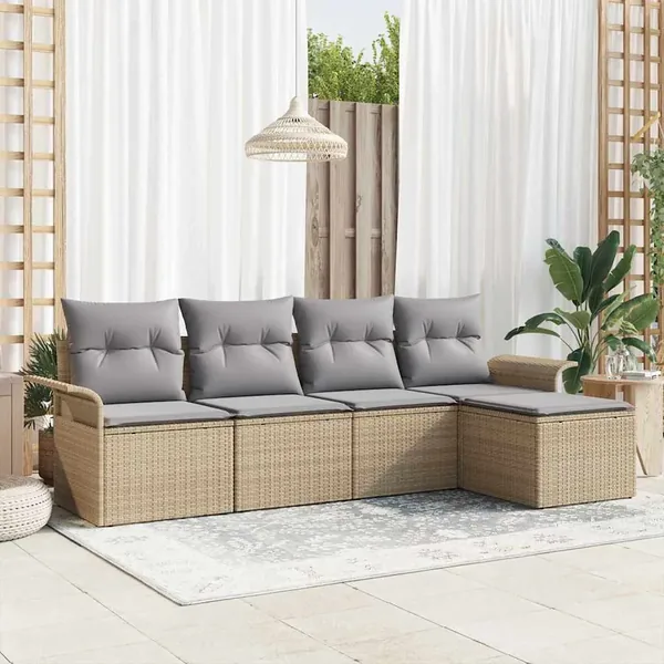 Canapé d’extérieur avec coussin 5 pcs Beige polyrotin