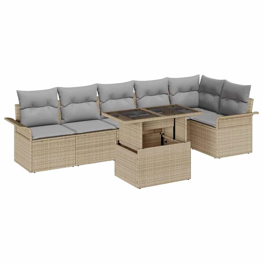 Ensemble de canapé de jardin avec coussin 7 pcs Beige polyrotin - 2