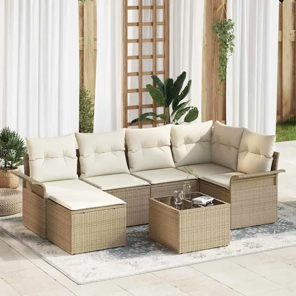 Ensemble de canapé de jardin 7 pcs Beige polyrotin