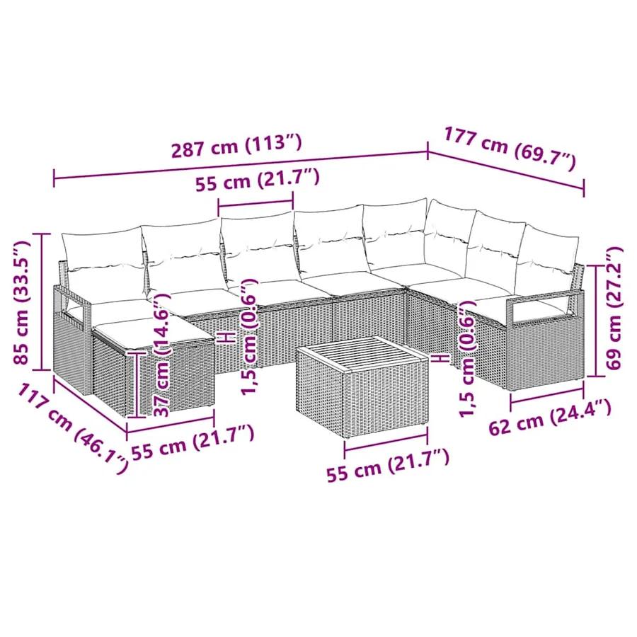Ensemble de canapé de jardin 9 pcs Beige et crème polyrotin - 15