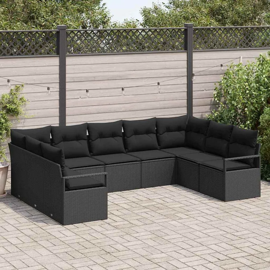 Ensemble de canapé de jardin avec coussin 9 pcs Noir polyrotin